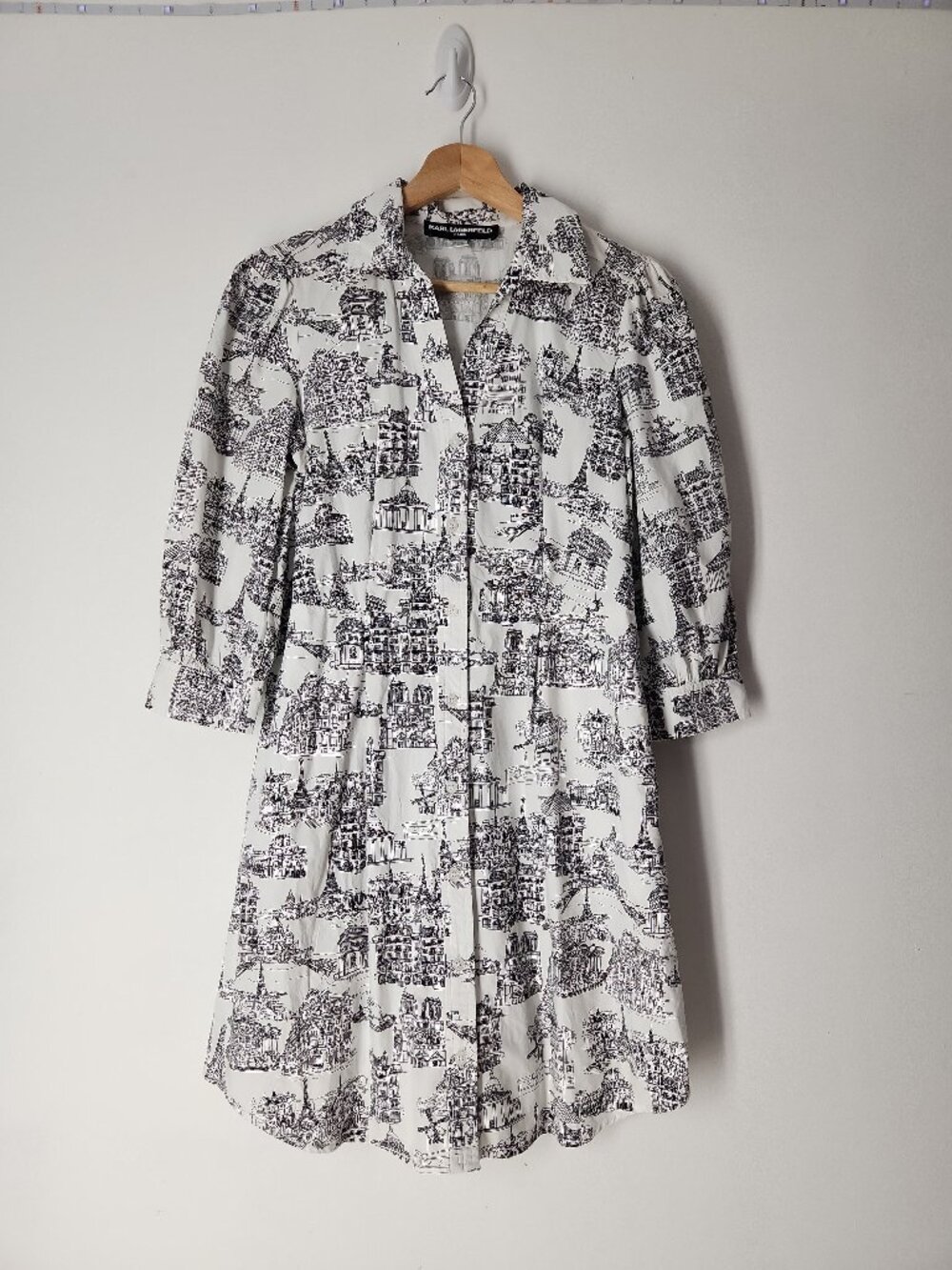 Karl Lagerfeld Paris black white landmark-print cotton shirt dress w/ pockets 4